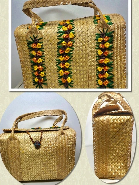 STRAW Vintage 70s Raffia Floral Woven Boho Large Beach Purse Tote Bag 396040
