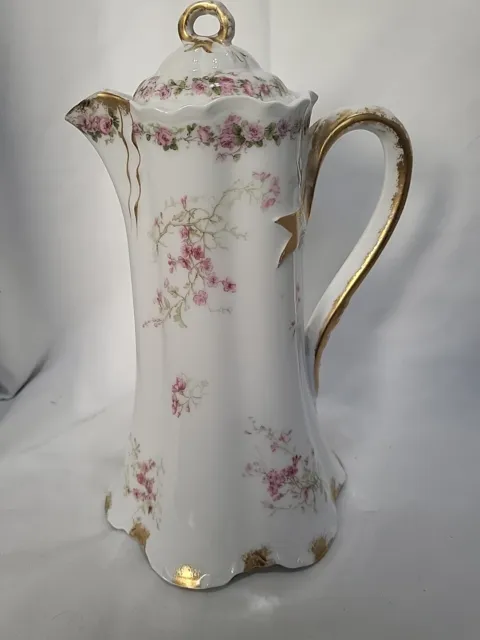 Haviland & Co Limoges Chocolate Pot Pink Roses & Gold Trim See Description