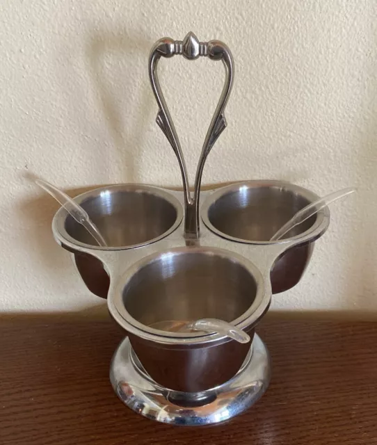 Vintage Kromex Triple Condiment Caddy Dish Chrome & Stainless Cups w/3 Spoons