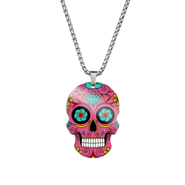 Colorful Skull Necklace Pendant Halloween Punk Stainless Steel Chain 23.6 in