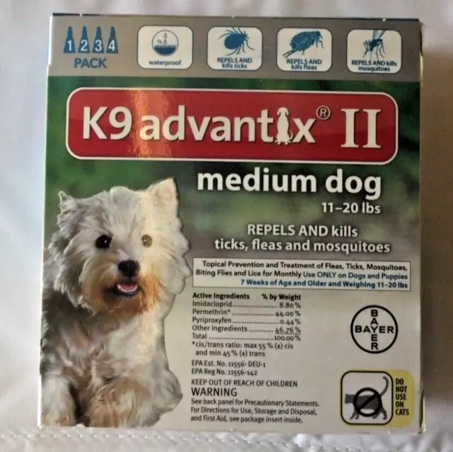 Bayer K9 Advantix ll For medium  Dogs 11 - 20 lb EPA . Approved ( 4 Doses )