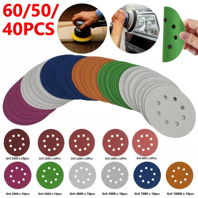 60/50/40x 5in 8 Hole Orbital Sander Paper Hook Loop Wet & Dry Sanding Discs Pad