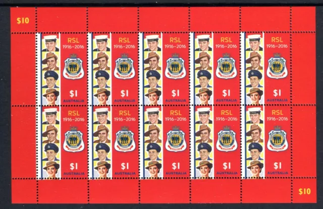 2016 Centenary of RSL (Returned Services League) MUH Sheet of 10 x $1 Stamps