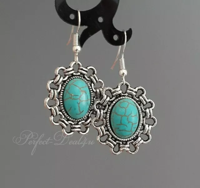 Big Large Oval Filigree Earrings Tibetan Silver Turquoise 925 sterling hooks