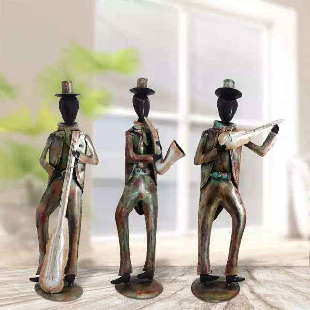 Wrought Iron Musician Men with Hat Vintage Style Showpiece Figurine Set Of 3