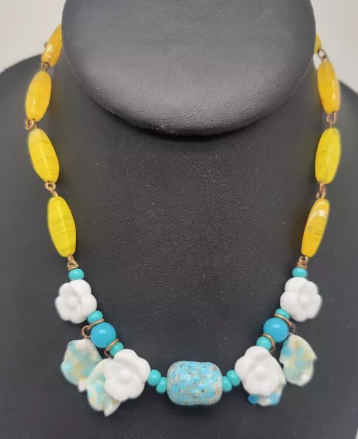 Vintage Yellow, Teal & Milk Glass Floral Beaded Brass Choker Necklace  STUNNING