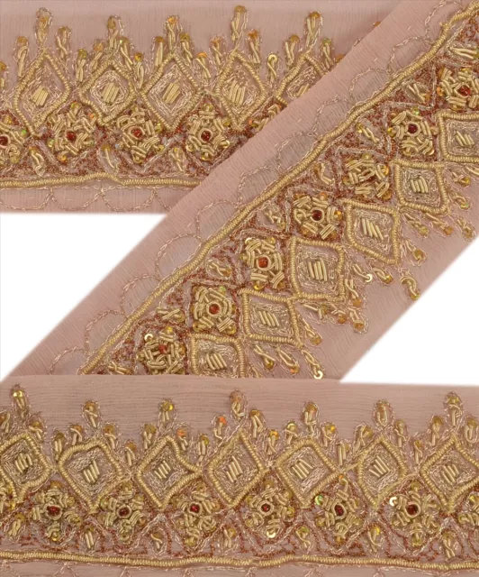 Sanskriti Vintage 1 Yd Sari Border/Trim Ivory Craft Hand Beaded Sewing Lace