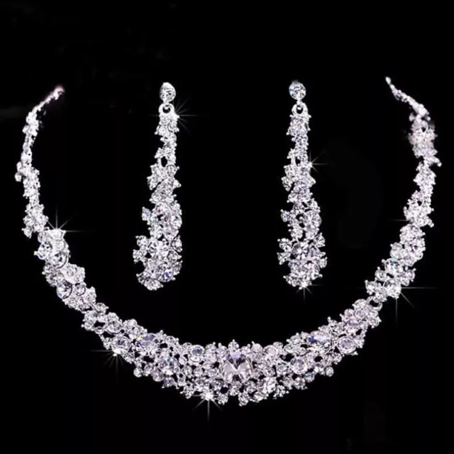 Women Rhinestone Crystal Collar Necklace Earrings Wedding Party Jewelry Set-wf