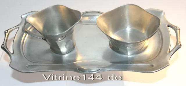 JUGENDSTIL SET Zucker- Milch- +Tablett Feinzinn ACHILLE GAMBA pewter fine etain 2