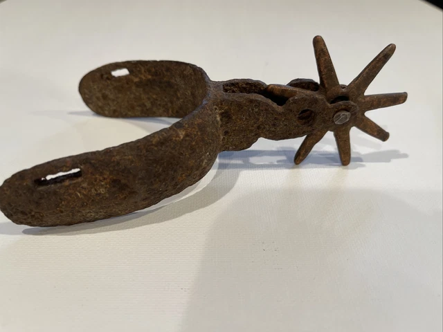 Atq Old Mexican Spanish Cast Iron Copper Spur Jumbo 8 Point Rowel Rodeo Cowboy
