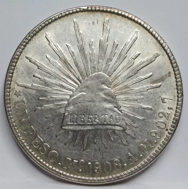 MEXICO Republic 8 Reales 1908 Mo AM XF / AU Silver Crown Liberty Cap Eagle #D01