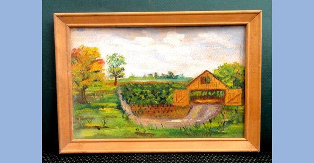 vintage ORIG. AMISH TOBACCO FIELD BARN lancaster pa PAINTING STAUFFER folk art