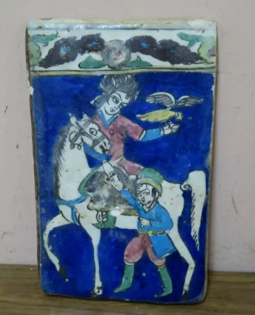 Antique  Armenian Iznik Islamic Glazed Hunting Scene Falconer Art Tile 9" x5.5"