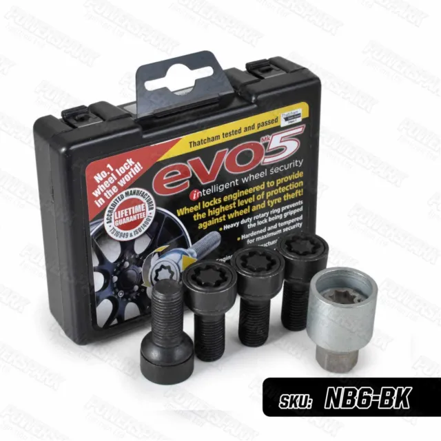 BLACK Locking Wheel Bolts Thatcham Approved Evo MK5 M14 x 1.5mm