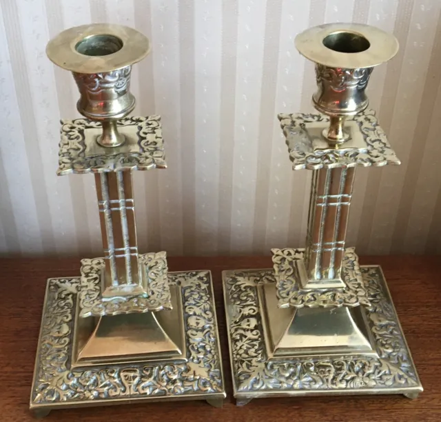 An Antique Pair Of Victorian Solid Brass Arts & Crafts Inspired Candlesticks