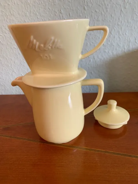 Vintage  Melitta 4-teilig gelb, Kaffeekanne  mit Filter 101-3Loch und 2 Tassen