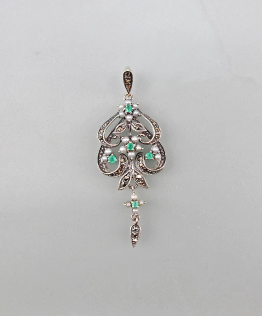 9927816 925er Pendentif en Argent Art Nouveau Émeraude Perles Marcasites