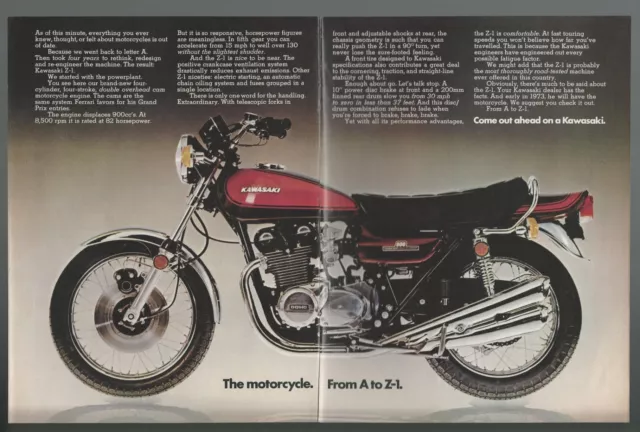 1973 KAWASAKI Z-1 motorcycle 2-page advertisement, Kawasaki bike print ad