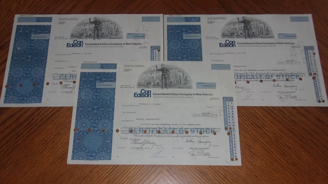 Lot of 3 Consolidated Edison Co of New York Stock Certificates Twin Towers