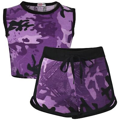 Kids Shorts 100% Cotton Contrast Taped Camo Purple Top & Hot Girls Short Sets