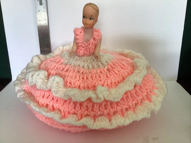 Vintage 60s Mid Century Crocheted Bed Pillow or Boudoir Doll Pink And White