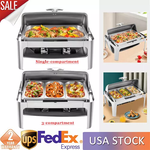 1 OR 3-compartment Roll Top Chafing Dish Buffet Set Pan Chafer Stainless Steel