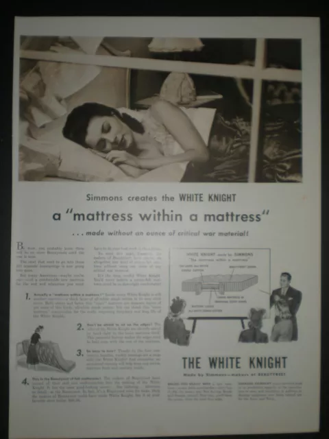 1942 SIMMONS CREATES THE WHITE KNIGHT MATTRESS IN A MATTRESS Trade print ad