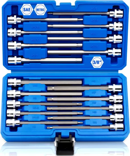 18piece 3/8 Inch Drive Extra Long Allen Hex Bit Socket Set Sae & Metric 1/83/8