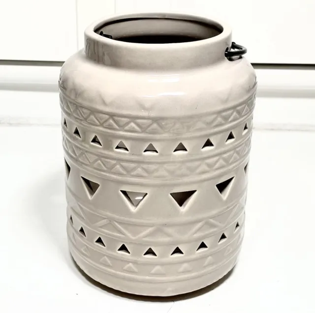 Aztec Design Ceramic Cut Out Tea Light Lantern Votive Candle Holder Metal Handle