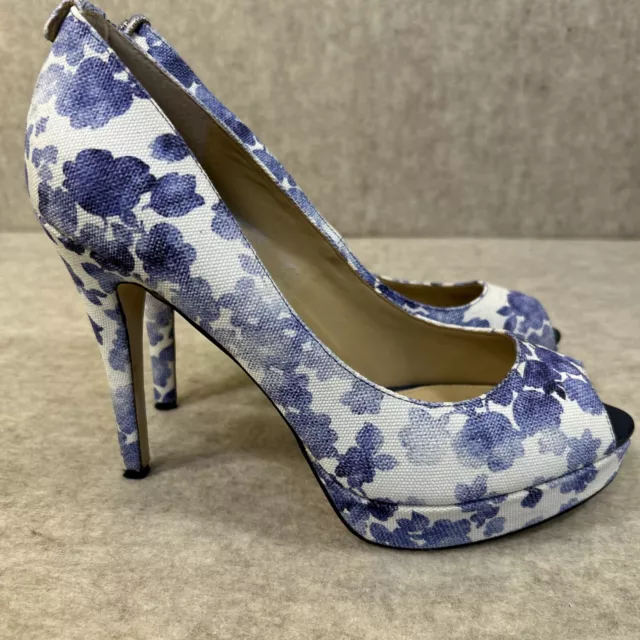 Michael Kors Blue/white Peep Toe Floral Canvas Platform Size 10