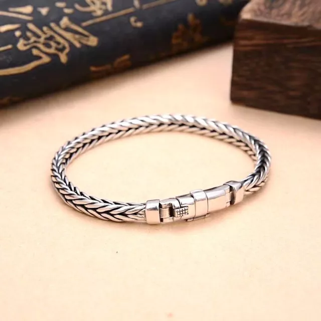 Bracciale Braccialetto Fibbia Singola Intrecciata Catena Intrecciata Solido Argento Sterling 925