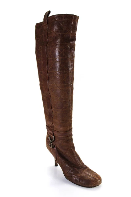 Christian Dior Womens Stiletto Quilted Knee High Boots Brown Leather Size 37.5