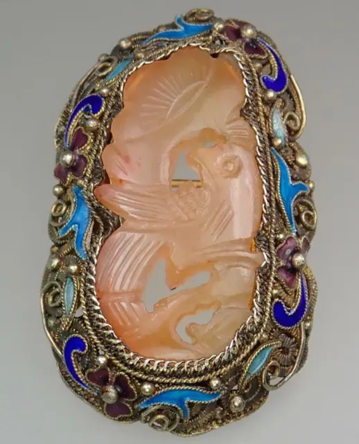 Fabulous Antique Chinese Silver Gilt Enamel Carved Carnelian Bird Sun Brooch Pin