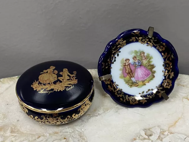 Limoges Castel Cobalt Blue 22K Gold Trinket Box And Plate Porcelain France