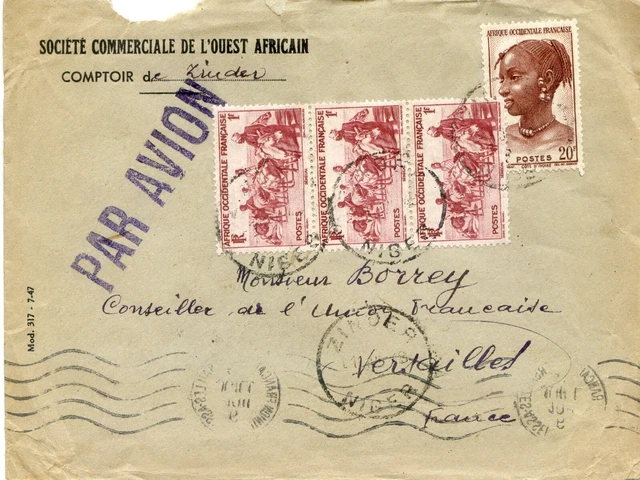 LETTRE DE ZINDER Niger par avion 1948 - société commerciale de l'ouest
