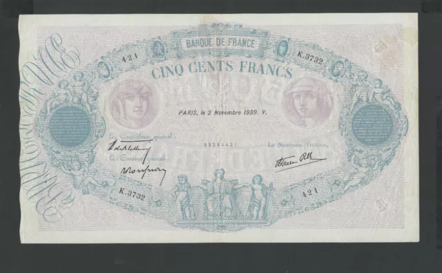 2èmeBaisse de Prix Billet 500 Francs BLEU & ROSE Modifié 02/11/39 TTB+ Fay 31-46