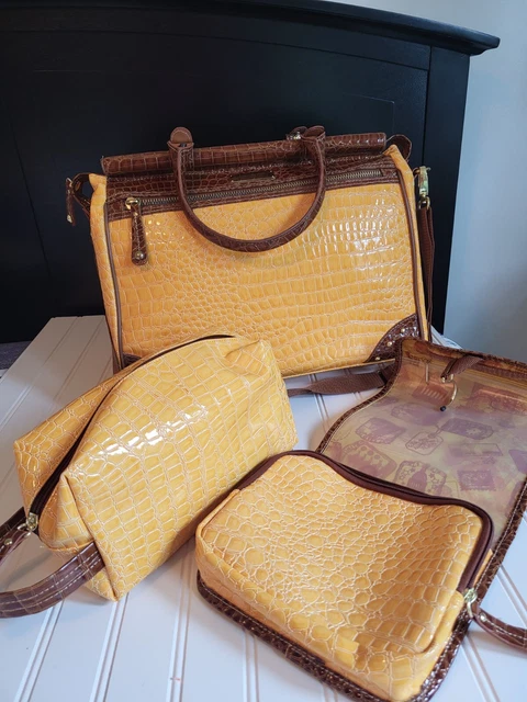 Samantha Brown Croco-Embossed Travel Bag With 2 Accessory Bags.  Yellow/Brn Nwot
