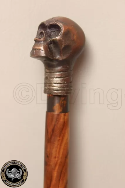 Vinatge Aluminium Skull Head Handle Handmade Antique Wooden Stick Walking Cane