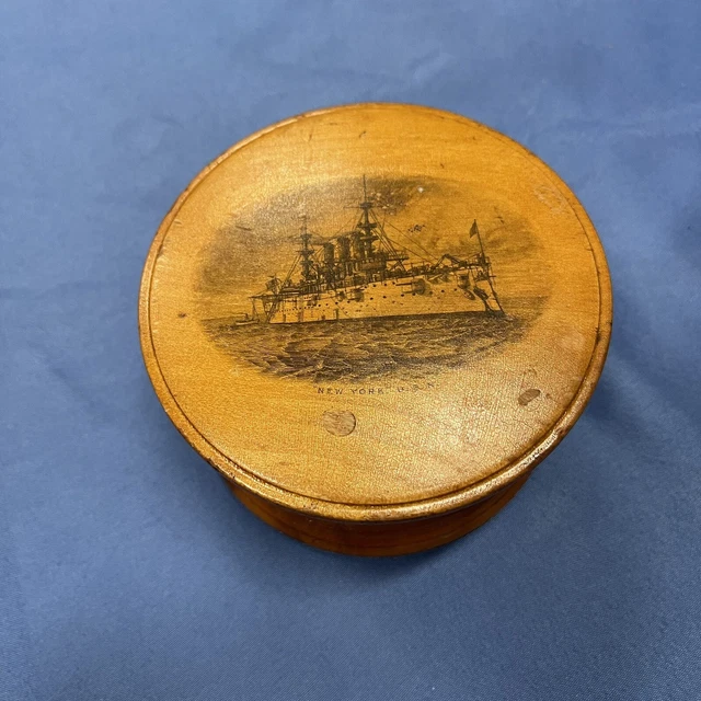 Antique J & P Coats Wooden Mauchline Thread Box Top w/USN New York ACR-2 US Navy
