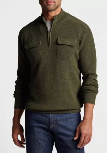 NWT PETER MILLAR Ravens Quarter-Zip Sweater in Olive Branch Size L. $268.