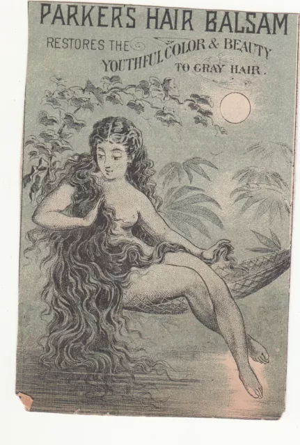 Parker's Hair Balsam for Grey Hair Naked Lady on Hammock Hiscox Vict Card c1880s