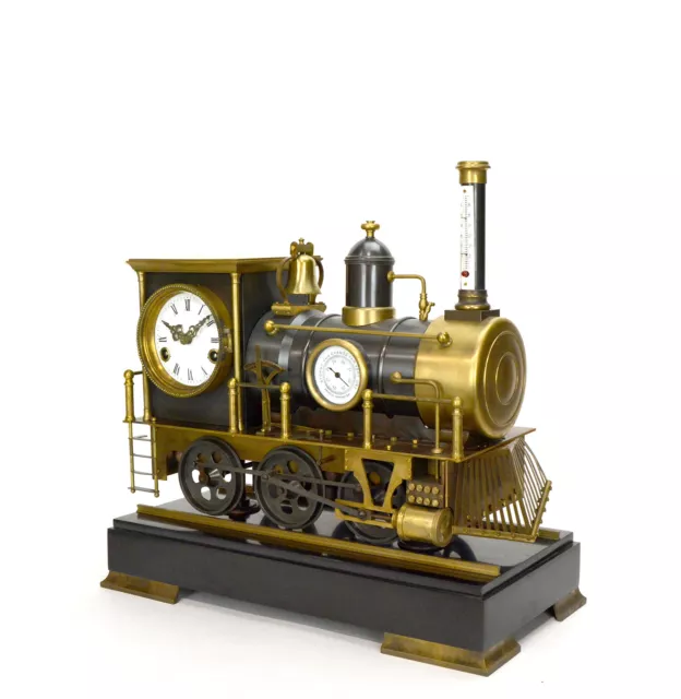 Large French Style 8 Day Brass Automaton Locomotive Industrial Train Clock 2