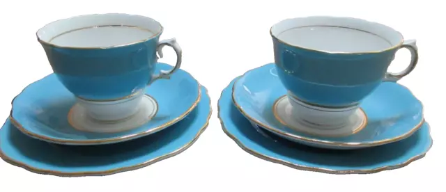Pair Colclough Vintage Bone China Solid Blue & White Cups/Saucers/Plates Trios