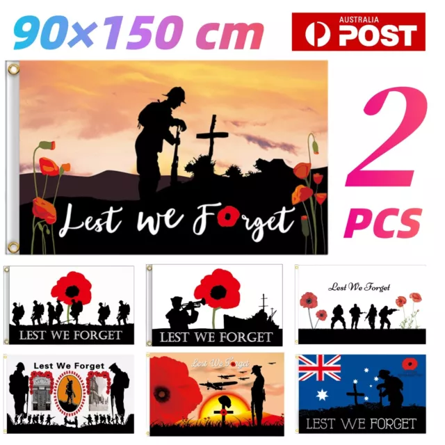 2PCS Lest We Forget Flag Poppy Australia New Zealand Remembrance Anzac Day Large