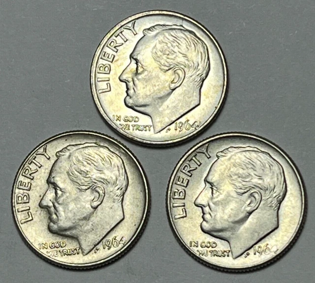 Brilliant 1964 D Roosevelt Dimes 90% Silver (Lot of 3) Free Shipping JHC