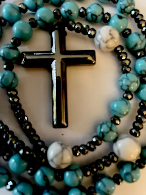 Rare Authentic Turquoise Jade Natural Stone Rosary Beads Hematite Cross Necklace