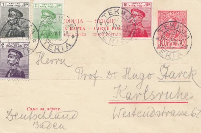 Serbien: 1912: Ganzsache Tekia nach Karlsruhe