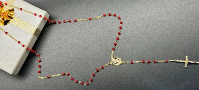 14K Solid Yellow/red Gold Rosary Necklace Virgin Mary Rosario Collar Oro 14”