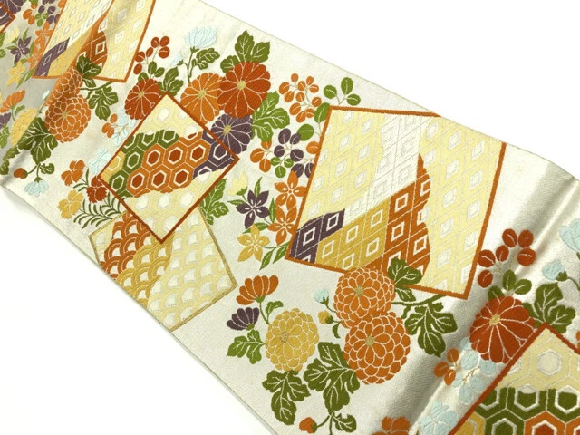 6463288: Japanese Kimono / Antique Fukuro Obi / Woven Kiku & Shikishi Pattern