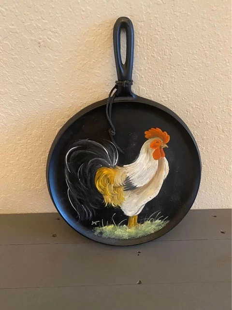 Farmhouse Shabby Chic Hand Painted Rooster Cast Iron Skillet Wall Hanging Decor